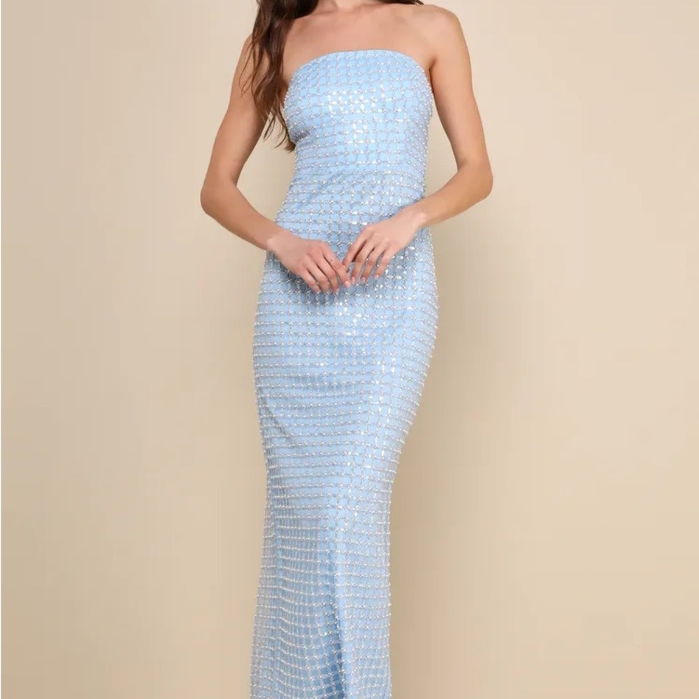 Perfectly Luxurious Light Blue Pearl Strapless Maxi Dress